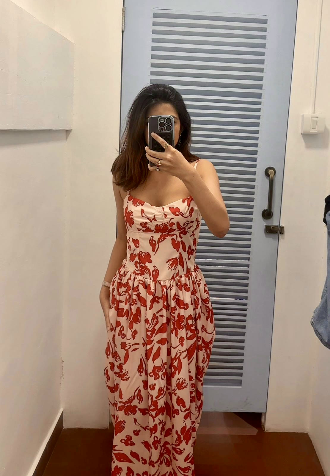 Inside Unfound — floral dress, dressing room
